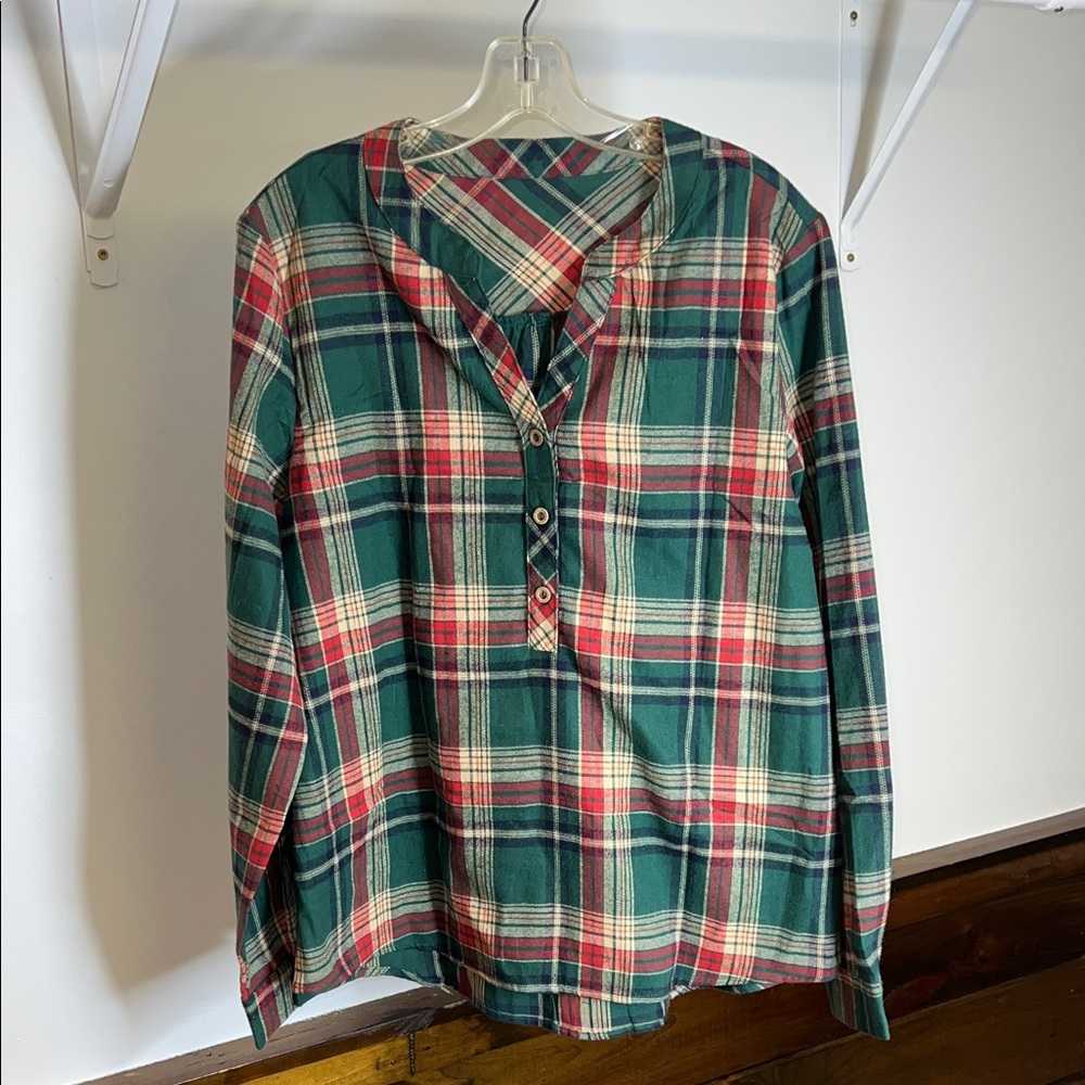 Amazon Green Plaid 3 Button Long Sleeve Flannel Top- L